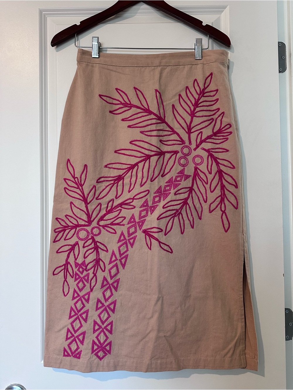 Anthropologie Maeve Tan Pencil Skirt with Fuchsia Embroidery, NWT